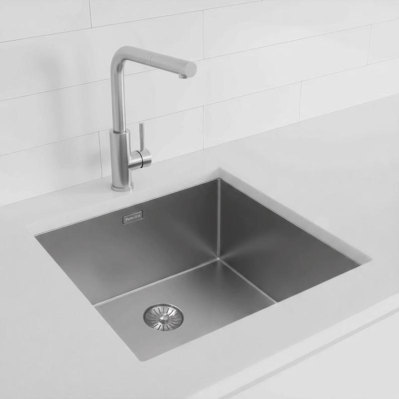 Pure.Sink Exclusivo lavandino in acciaio inossidabile 45x40 cm raggio 10mm, da incasso, a filo e da appoggio PEX4540-02
