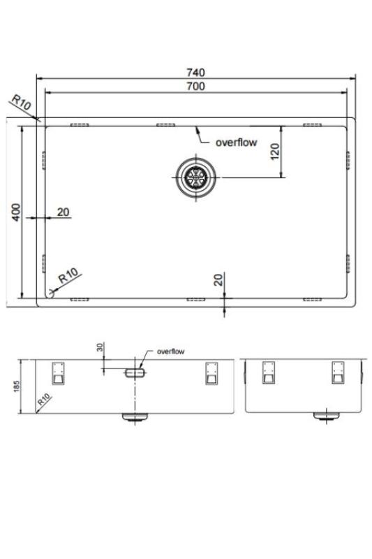 Pure.Sink Exclusivo grande lavello dorato 70x40 cm raggio 10mm sottotop, incasso piano e sopraelevato PEX7040-60
