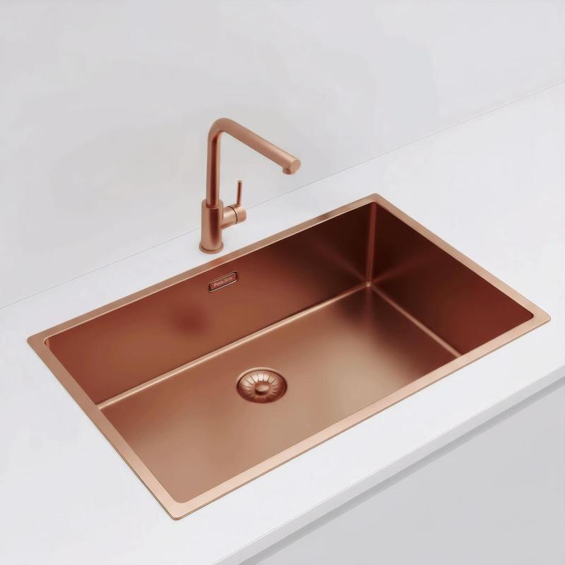 Pure.Sink Exclusivo grande lavello in rame 70x40 cm raggio 10mm da incasso, a filo e sopraelevato PEX7040-62