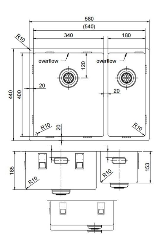 Pure.Sink Exclusivo RVS 1,5 lavabo e mezzo 34+18 cm raggio 10mm PEX341840-02
