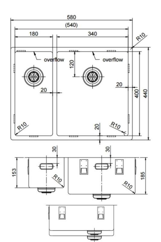 Pure.Sink Exclusivo Oro 1,5 lavabo doppio 18+34 cm raggio 10mm PEX183440-60