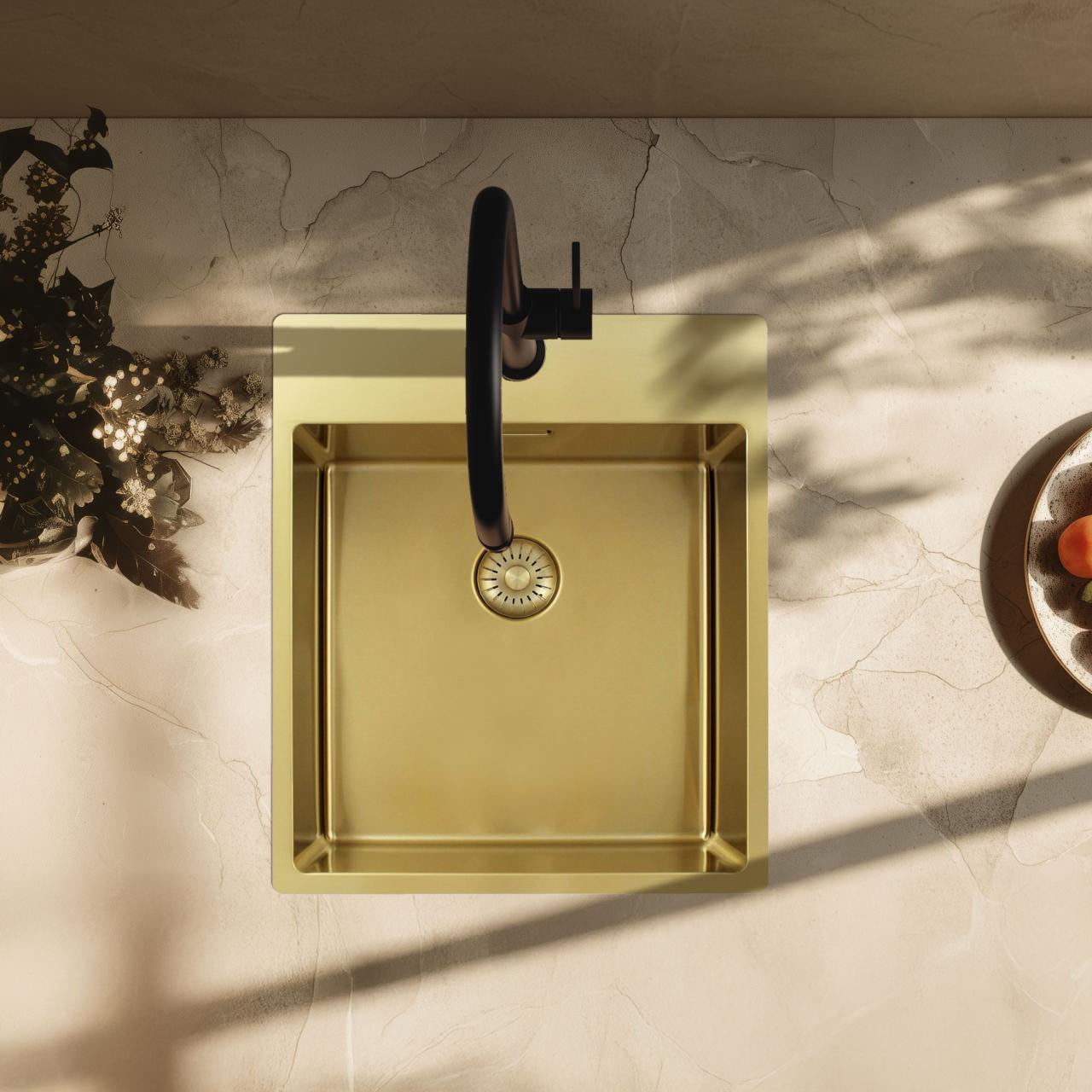 Pure.Sink Exclusivo Lavandino d'oro 44x52 cm Tapwing con foro per rubinetto raggio 10mm PEX4040T-60 - Productafbeelding 2