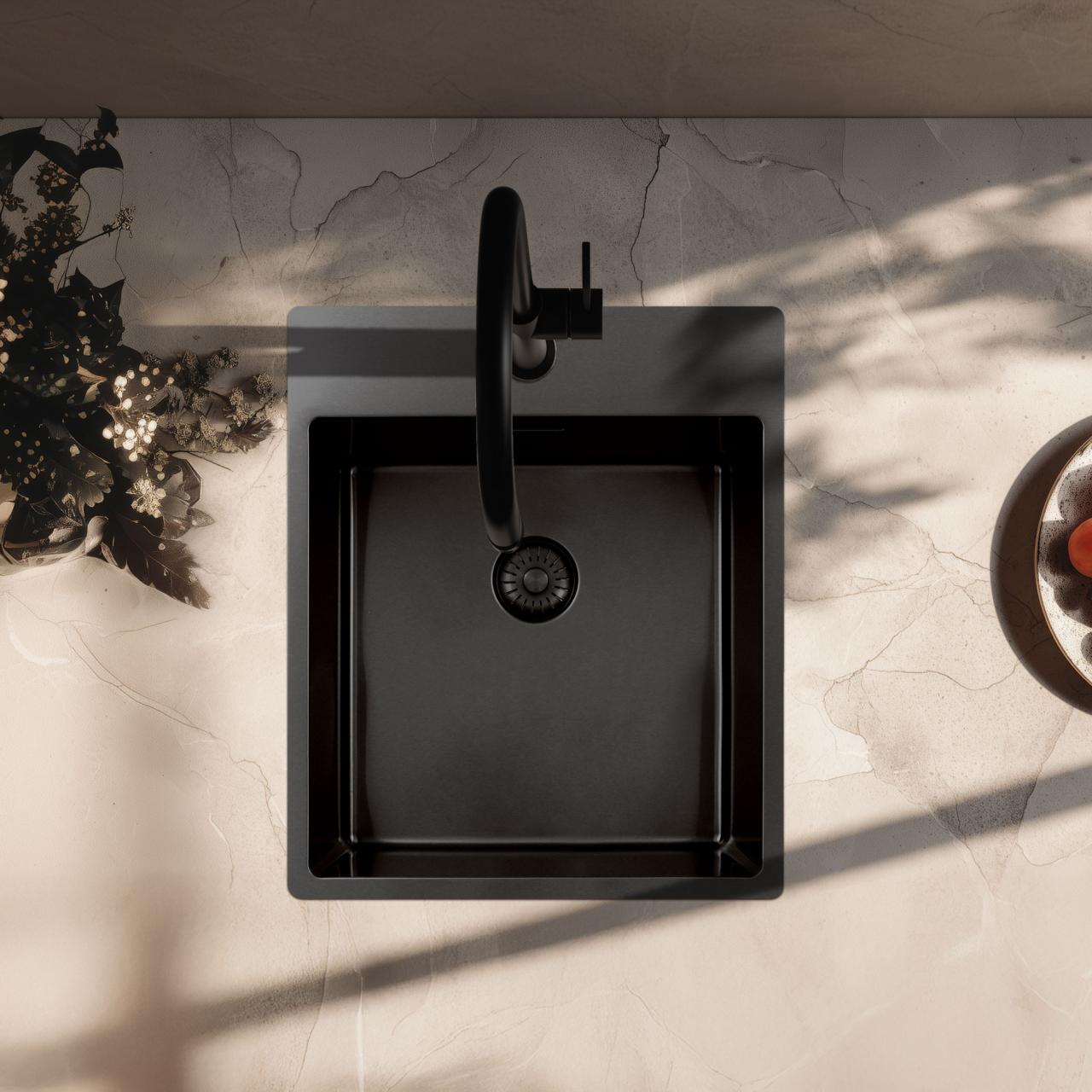 Pure.Sink Exclusivo Gun Metal lavello 44x52 cm Tapwing con foro per rubinetto raggio 10mm PEX4040T-61 - Productafbeelding 2