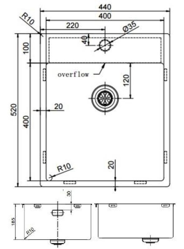 Pure.Sink Exclusivo Gun Metal lavello 44x52 cm Tapwing con foro per rubinetto raggio 10mm PEX4040T-61