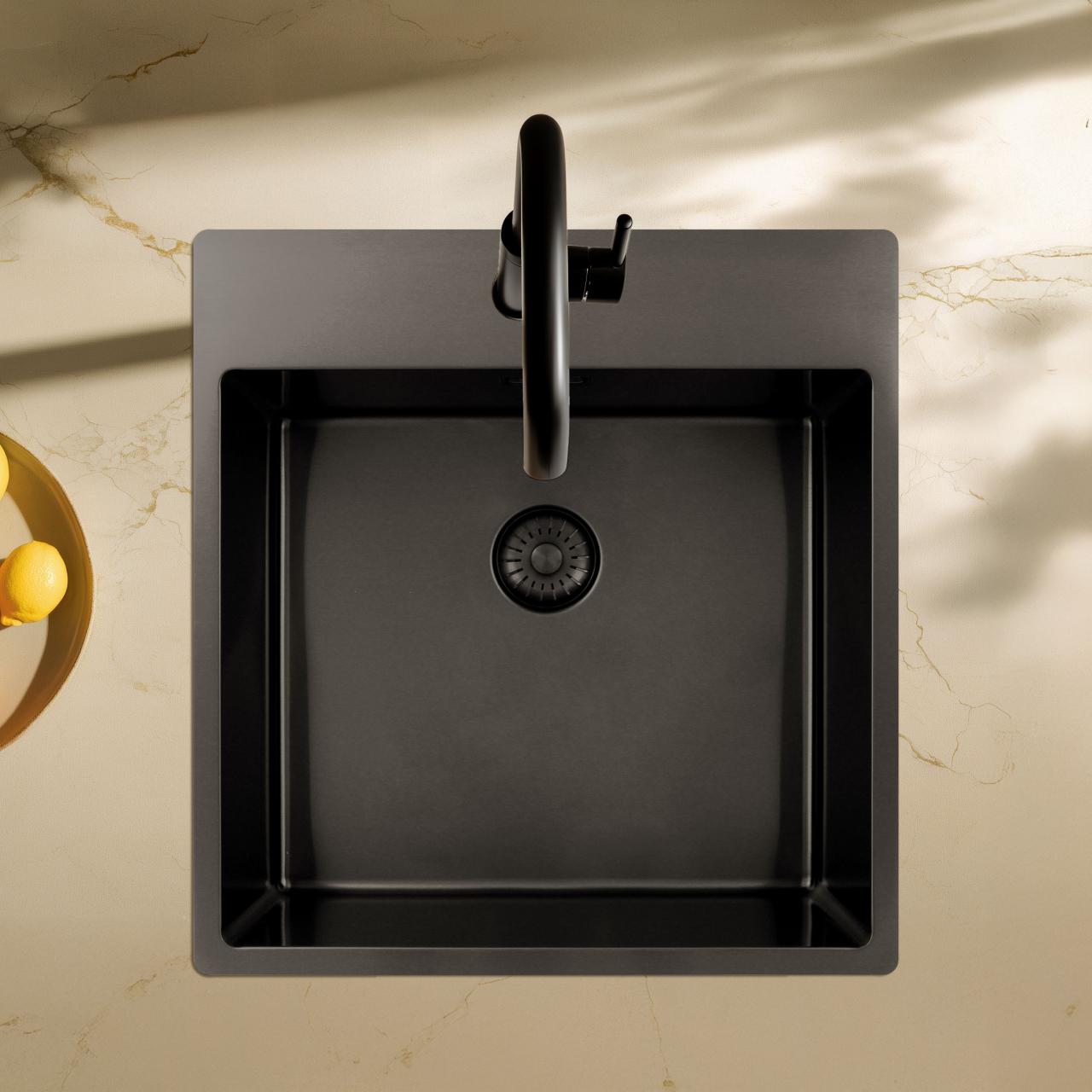 Pure.Sink Exclusivo Gun Metal lavandino 49x52 cm Tapwing con foro per rubinetto raggio 10mm PEX4540T-61 - Productafbeelding 2
