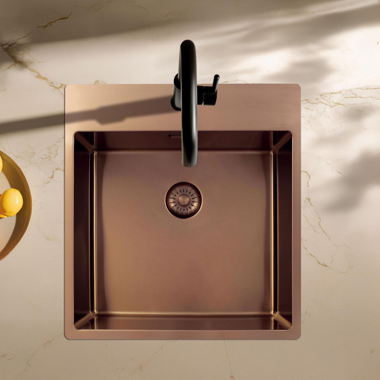 Pure.Sink Exclusivo Lavello in rame 49x52 cm Tapwing con foro per rubinetto raggio 10mm PEX4540T-62 - Productafbeelding 2