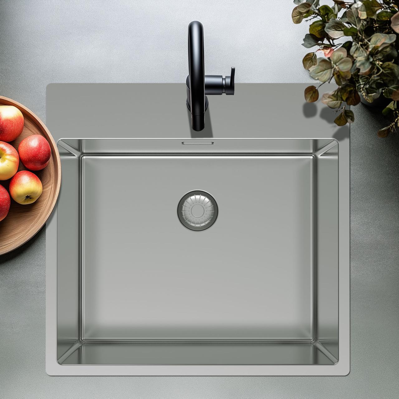 Pure.Sink Exclusivo Lavello in acciaio inossidabile 54x52cm Tapwing con foro per rubinetto raggio 10mm PEX5040T-02 - Productafbeelding 2