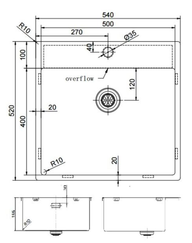 Pure.Sink Exclusivo Lavello in acciaio inossidabile 54x52cm Tapwing con foro per rubinetto raggio 10mm PEX5040T-02