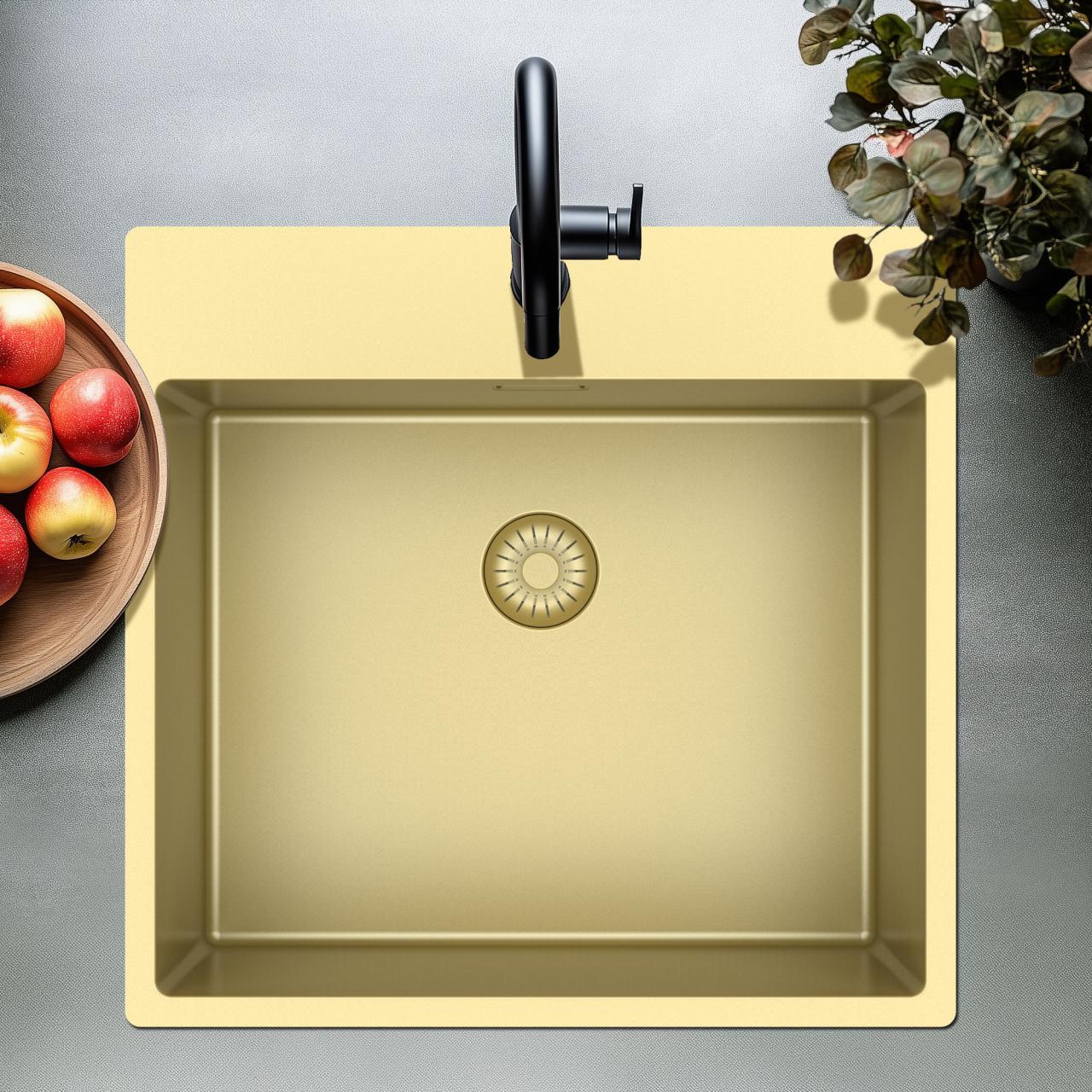 Pure.Sink Exclusivo Lavello dorato 54x52 cm Tapwing con foro per rubinetto raggio 10mm PEX5040T-60 - Productafbeelding 9