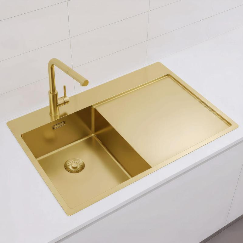 Pure.Sink Exclusivo Piccolo lavello dorato con sgocciolatoio 78x52 cm Rubinetto a leva sinistro PEX3478LT-60