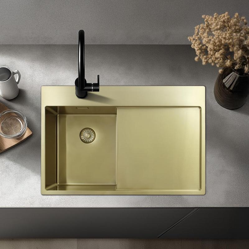 Pure.Sink Exclusivo Piccolo lavello dorato con sgocciolatoio 78x52 cm Rubinetto a leva sinistro PEX3478LT-60