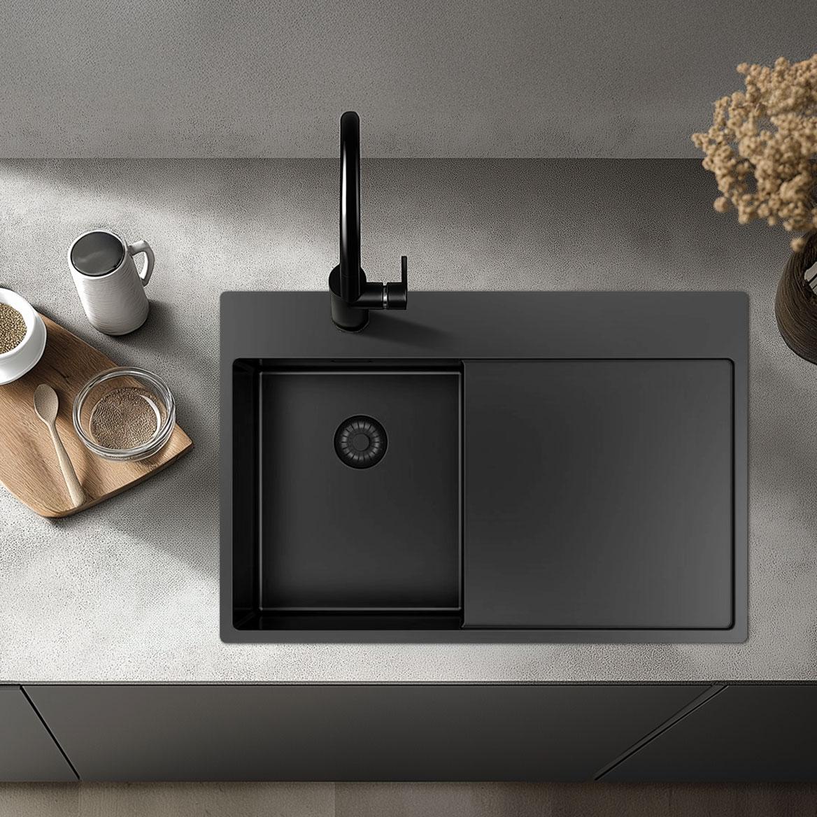 Pure.Sink Exclusivo Gun Metal piccolo lavello con zona di scolamento 78x52 cm Tapwing a sinistra PEX3478LT-61 - Productafbeelding 9
