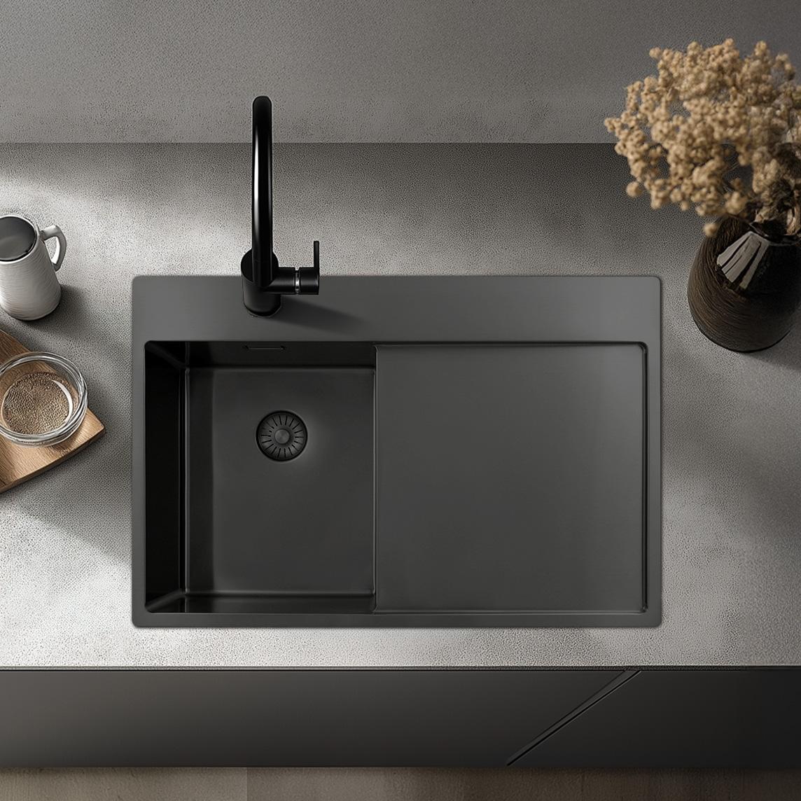 Pure.Sink Exclusivo Gun Metal piccolo lavello con zona di scolamento 78x52 cm Tapwing a sinistra PEX3478LT-61 - Productafbeelding 2
