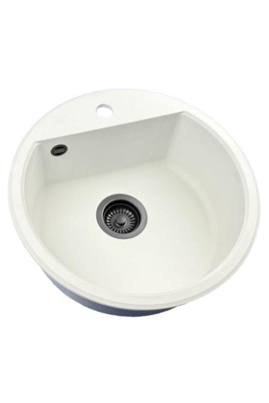 GraniteMy Bremen lavello rotondo in granito 43 cm bianco da appoggio e sottotop con foro per rubinetto e tappo nero 1208971312