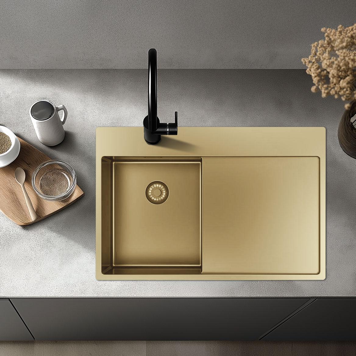 Pure.Sink Exclusivo Piccolo lavello dorato con zona di scolo 78x52 cm Tapwing a destra PEX3478RT-60 - Productafbeelding 10