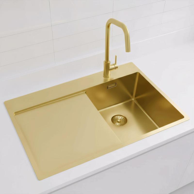 Pure.Sink Exclusivo Piccolo lavello dorato con sgocciolatoio 78x52 cm Rubinetto a leva destro PEX3478RT-60