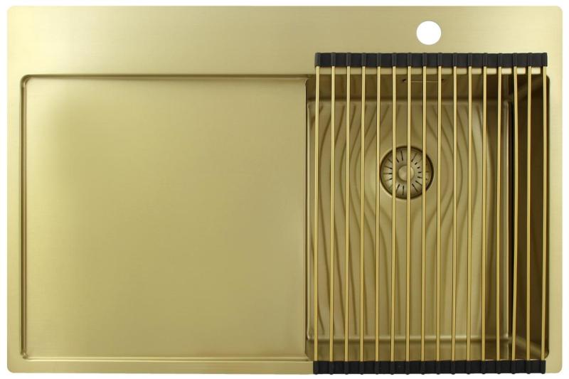 Pure.Sink Exclusivo Piccolo lavello dorato con sgocciolatoio 78x52 cm Rubinetto a leva destro PEX3478RT-60