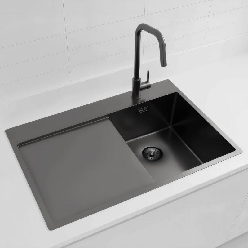 Pure.Sink Exclusivo Gun Metal piccolo lavandino con zona di scolamento 78x52 cm Tapwing a destra PEX3478RT-61