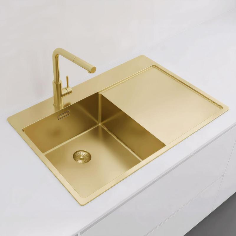 Pure.Sink Exclusivo Lavello dorato con sgocciolatoio 78x52 cm Rubinetto a leva sinistro PEX4078LT-60