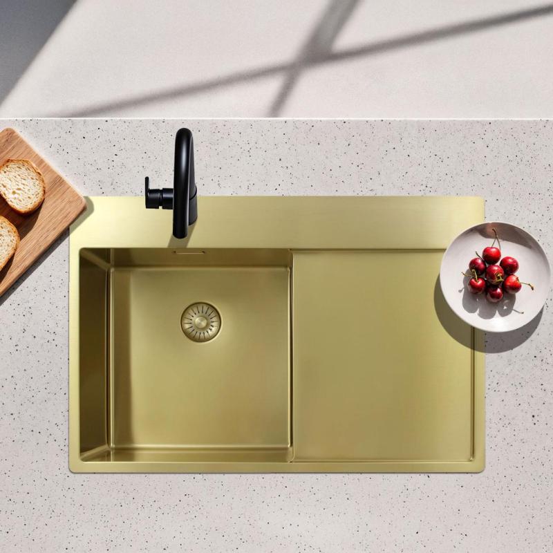 Pure.Sink Exclusivo Lavello dorato con sgocciolatoio 78x52 cm Rubinetto a leva sinistro PEX4078LT-60