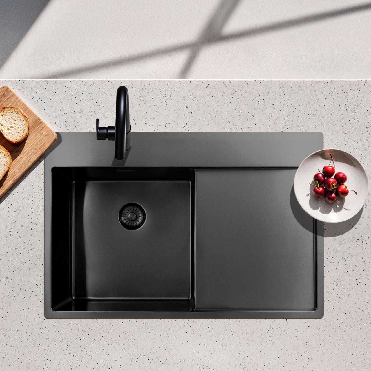 Pure.Sink Exclusivo Gun Metal lavello con zona di scolamento 78x52 cm Tapwing a sinistra PEX4078LT-61 - Productafbeelding 2