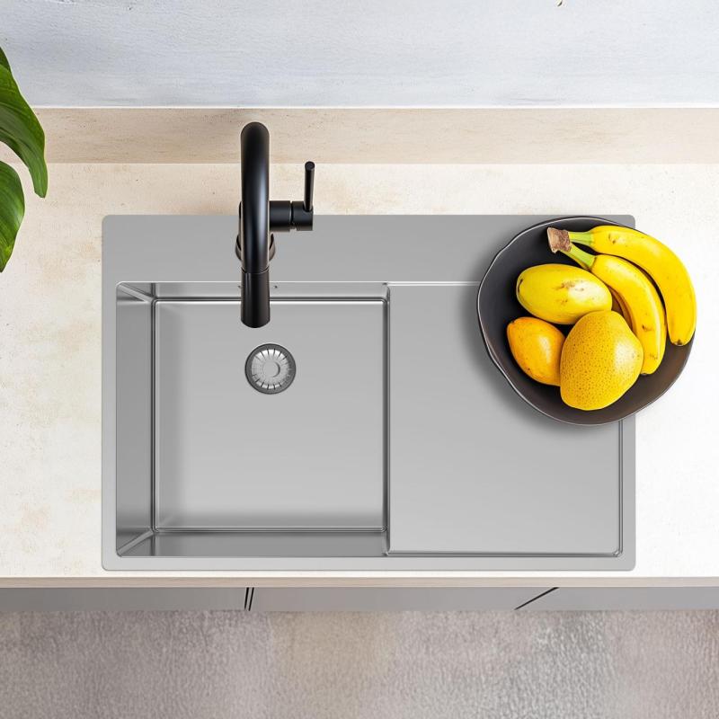 Pure.Sink Exclusivo lavello in acciaio inossidabile con zona di scolamento 78x52 cm Tapwing a destra PEX4078RT-02