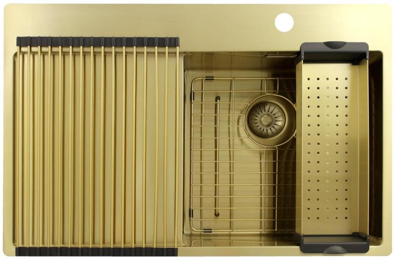 Pure.Sink Exclusivo Lavello dorato con sgocciolatoio 78x52 cm Rubinetto a leva destro PEX4078RT-60