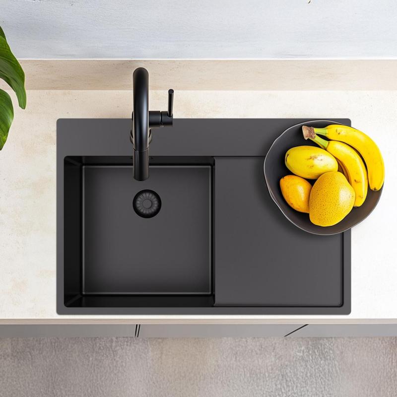 Pure.Sink Exclusivo Gun Metal lavello con zona di scolatura 78x52 cm Tapwing a destra PEX4078RT-61