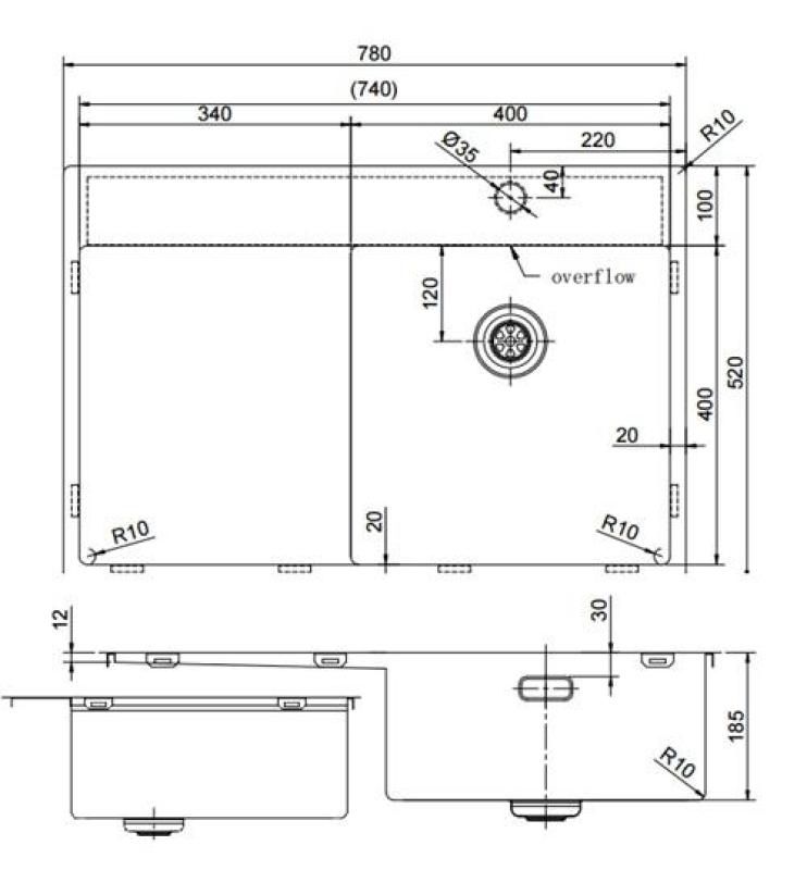 Pure.Sink Exclusivo Gun Metal lavello con zona di scolatura 78x52 cm Tapwing a destra PEX4078RT-61