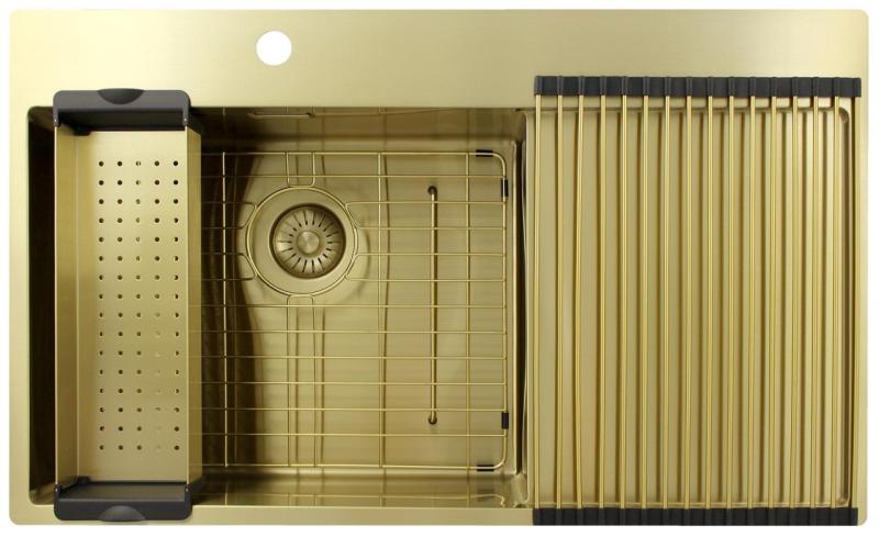 Pure.Sink Exclusivo Lavello dorato con sgocciolatoio 86x52 cm Rubinetto a leva sinistro PEX5086LT-60