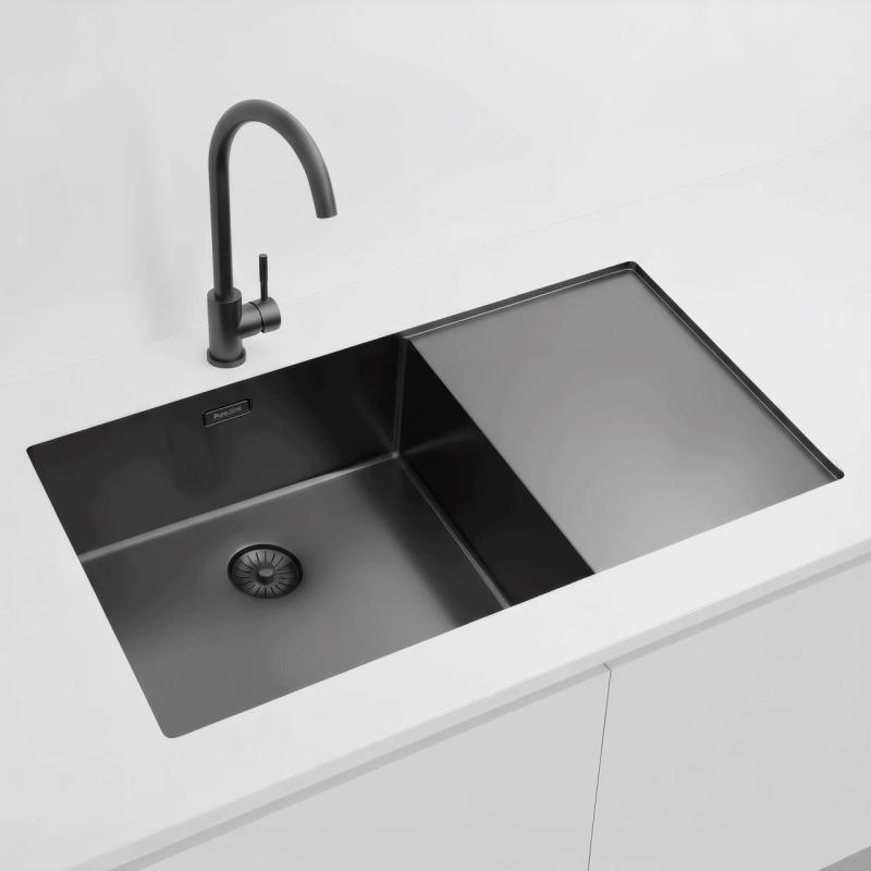Pure.Sink Exclusivo Gun Metal lavello con zona di sgocciolamento 86x52 cm Tapwing a sinistra PEX5086LT-61