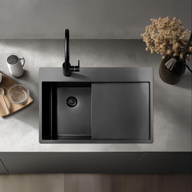 Pure.Sink Exclusivo lavello in acciaio inossidabile con zona di scolamento 86x52 cm Tapwing a destra PEX5086RT-02