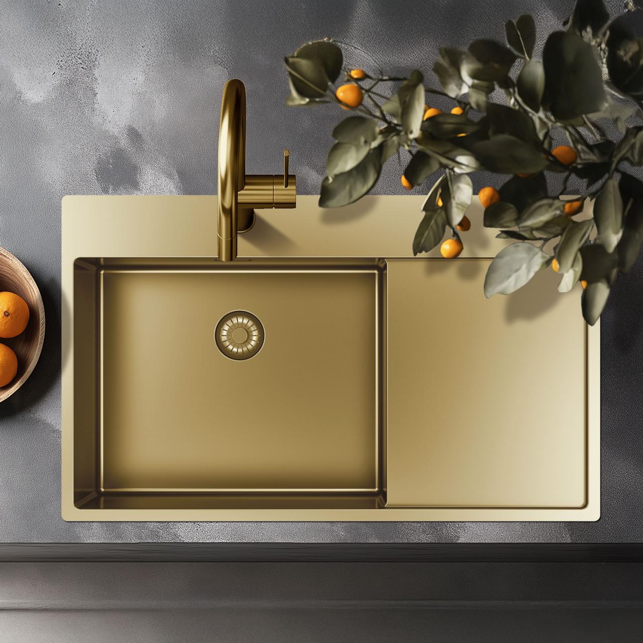 Pure.Sink Exclusivo Lavabo d'oro con zona di scolo 86x52 cm Tapwing a destra PEX5086RT-60 - Productafbeelding 12