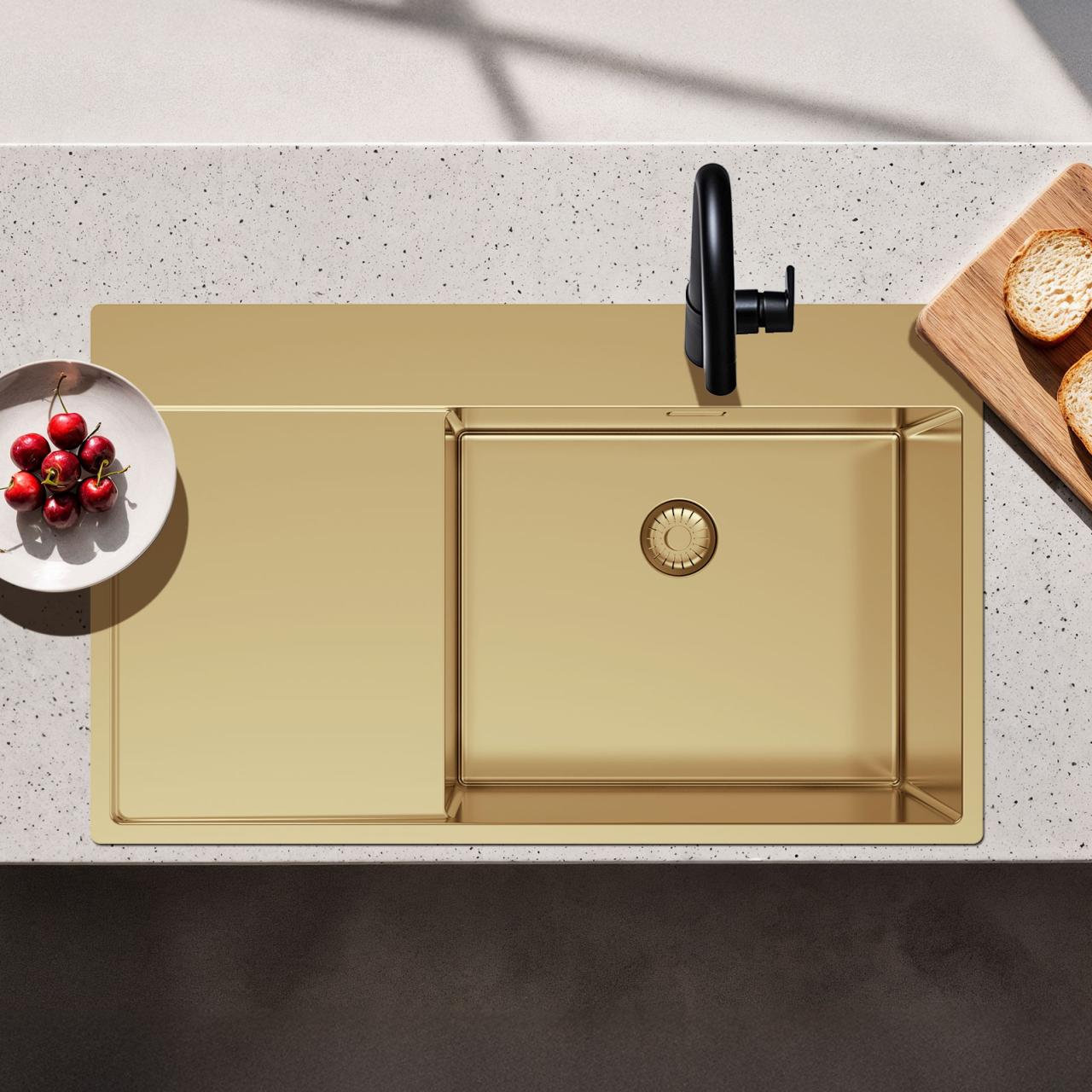 Pure.Sink Exclusivo Lavabo d'oro con zona di scolo 86x52 cm Tapwing a destra PEX5086RT-60 - Productafbeelding 11