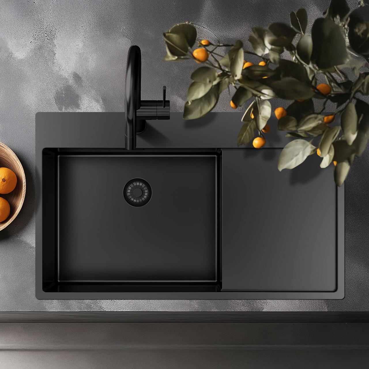 Pure.Sink Exclusivo Gun Metal lavabo con zona di scolatura 86x52 cm Tapwing a destra PEX5086RT-61 - Productafbeelding 3