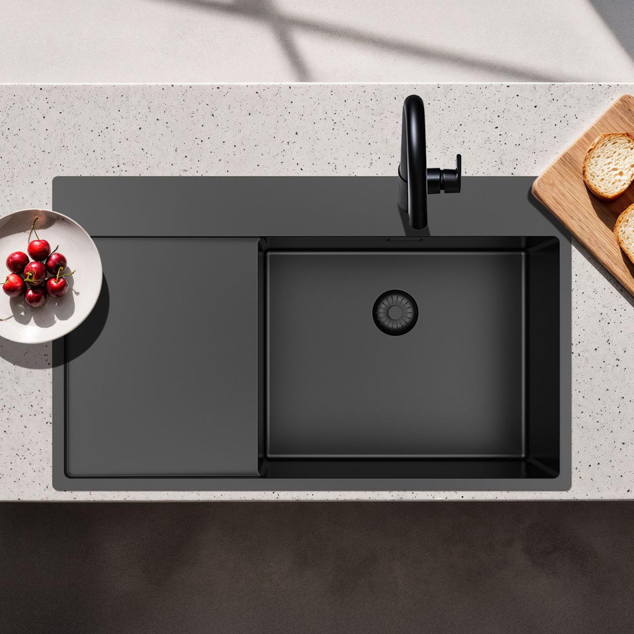 Pure.Sink Exclusivo Gun Metal lavabo con zona di scolatura 86x52 cm Tapwing a destra PEX5086RT-61 - Productafbeelding 9