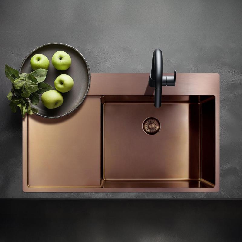 Pure.Sink Exclusivo Lavello in rame con zona di scolo 86x52 cm Tapwing a destra PEX5086RT-62