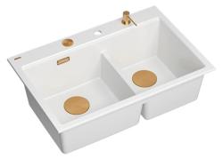 Lavabo doppio in granito bianco Hard Rock Quadri 76 x 50 cm con tappo di rame e accessori 1208971357