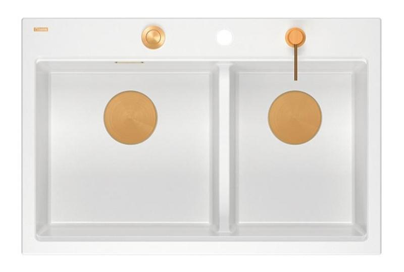 Lavabo doppio in granito bianco Hard Rock Quadri 76 x 50 cm con tappo di rame e accessori 1208971357