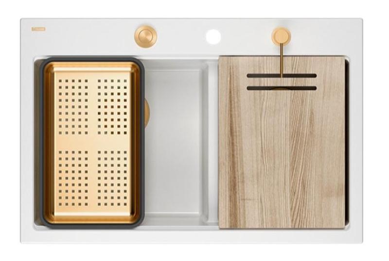 Lavabo doppio in granito bianco Hard Rock Quadri 76 x 50 cm con tappo di rame e accessori 1208971357