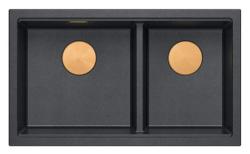 Quadri Newport II Doppio Lavabo da Incasso in Granito Antracite 76x45 cm con Tappo di Rame 1208971359