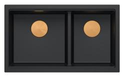 Lavello da incasso Quadri Newport II in granito nero doppio 76x45 cm con tappo di rame 1208971361