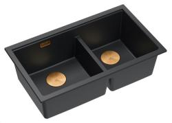 Lavello da incasso Quadri Newport II in granito nero doppio 76x45 cm con tappo di rame 1208971361