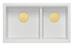 Lavello da incasso Quadri Newport II in granito bianco doppio 76x45 cm con tappo dorato 1208971363