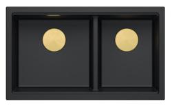 Lavello da incasso Quadri Newport II in granito nero doppio 76x45 cm con tappo dorato 1208971366