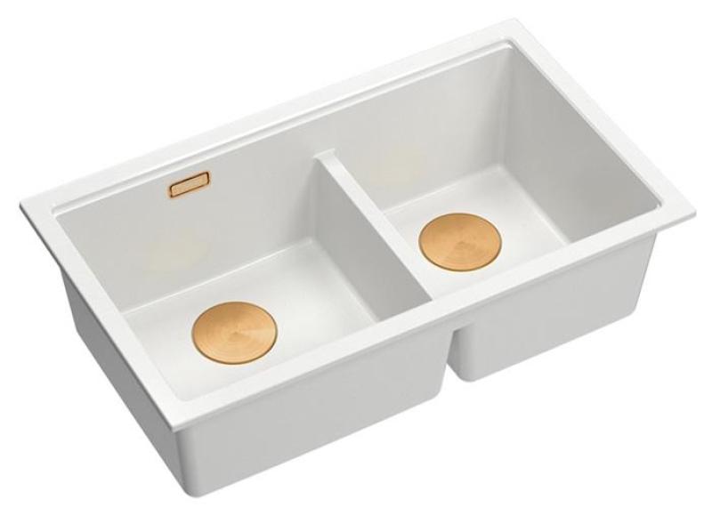 Lavello sottopiano Quadri Newport II Doppio in Granito Bianco 702 x 390 mm con tappo di rame 1208971373