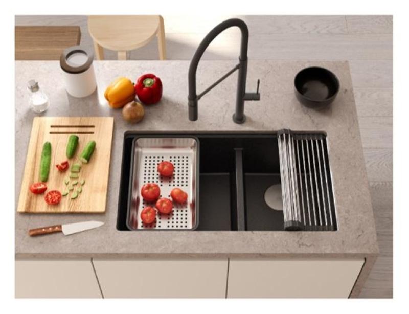 Lavello sottopiano Quadri Newport II Doppio in Granito Bianco 702 x 390 mm con tappo di rame 1208971373