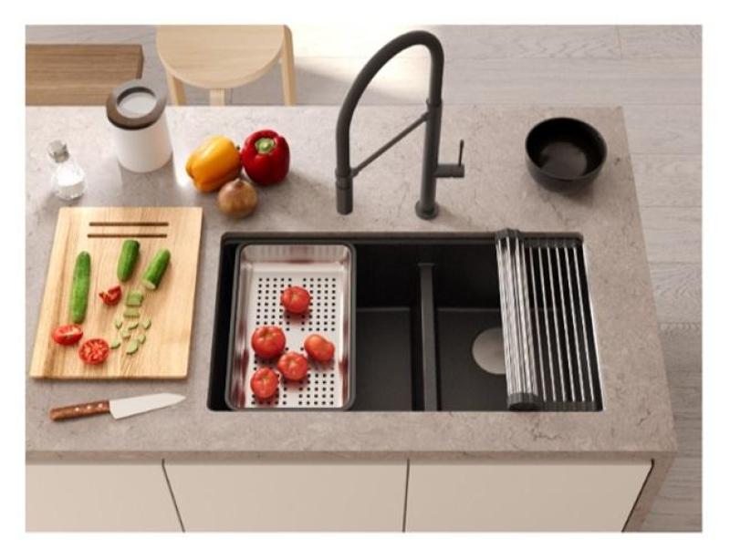 Lavello sottopiano Quadri Newport II Doppio in Granito Antracite 702 x 390 mm con tappo di rame 1208971374