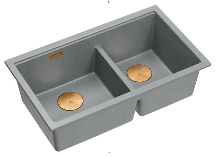 Lavabo sottotop Newport II doppio in granito grigio 702 x 390 mm con tappo di rame 1208971375 - Productafbeelding 2