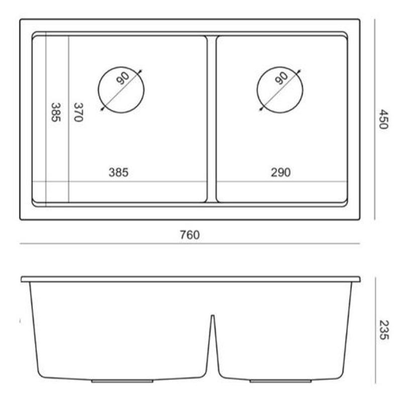 Lavello sottotop Newport II doppio in granito nero 702 x 390 mm con tappo dorato 1208971381